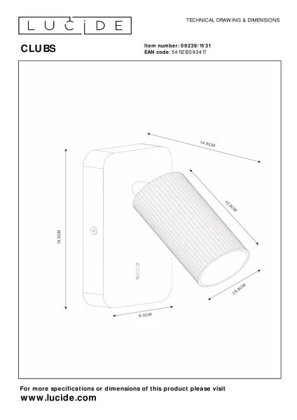 Lucide CLUBS - Bedside lamp / Wall light - 1xGU10 - White - technical